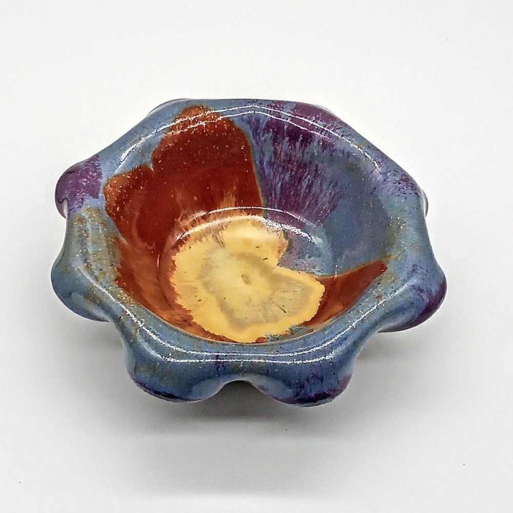 Handmade Multicolor Crimped Edge Studio Artisan Pottery Bowl - SIGNED
